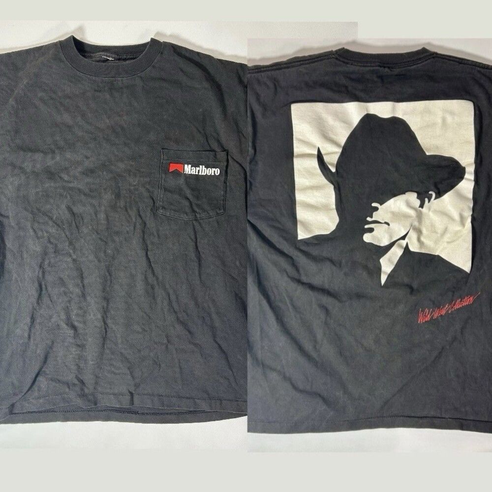 Vintage Marlboro T Shirt Black One Size Fits All Wild West Cowboy Single Stitch
